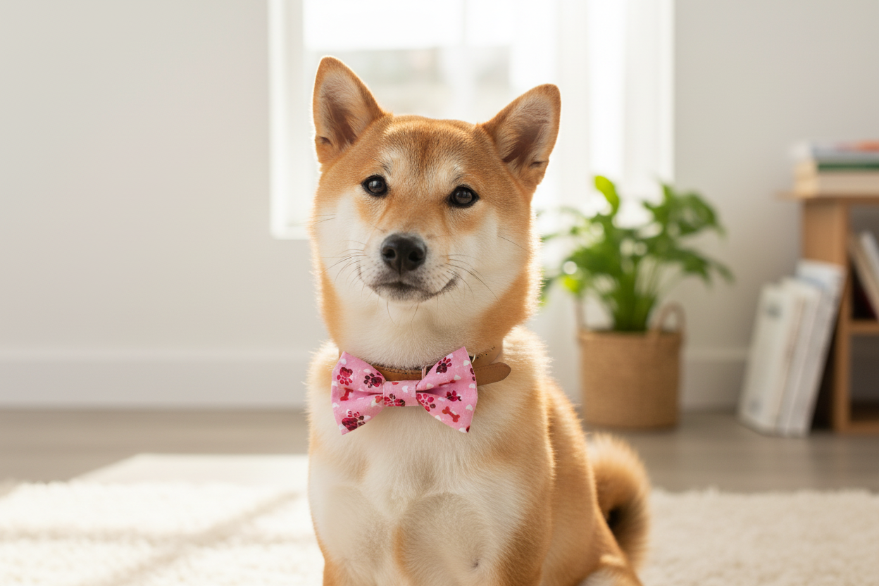 Shiba Inu Wearing Pink Paw Print Bow Tie