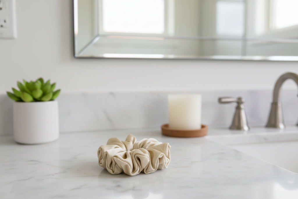Tan Leaves Scrunchie Bathroom Lifestyle