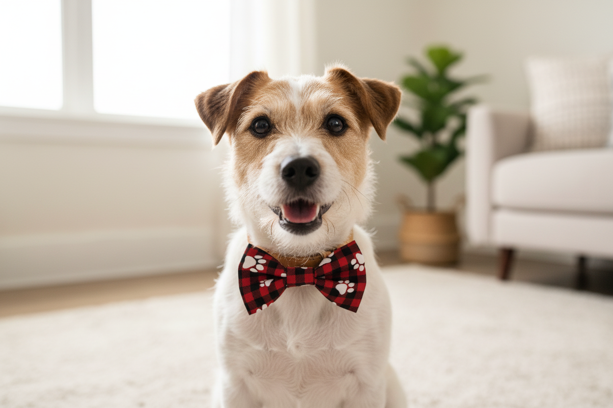 Terrier Wearing Red Buffalo Plaid Paw Print Bow Tie