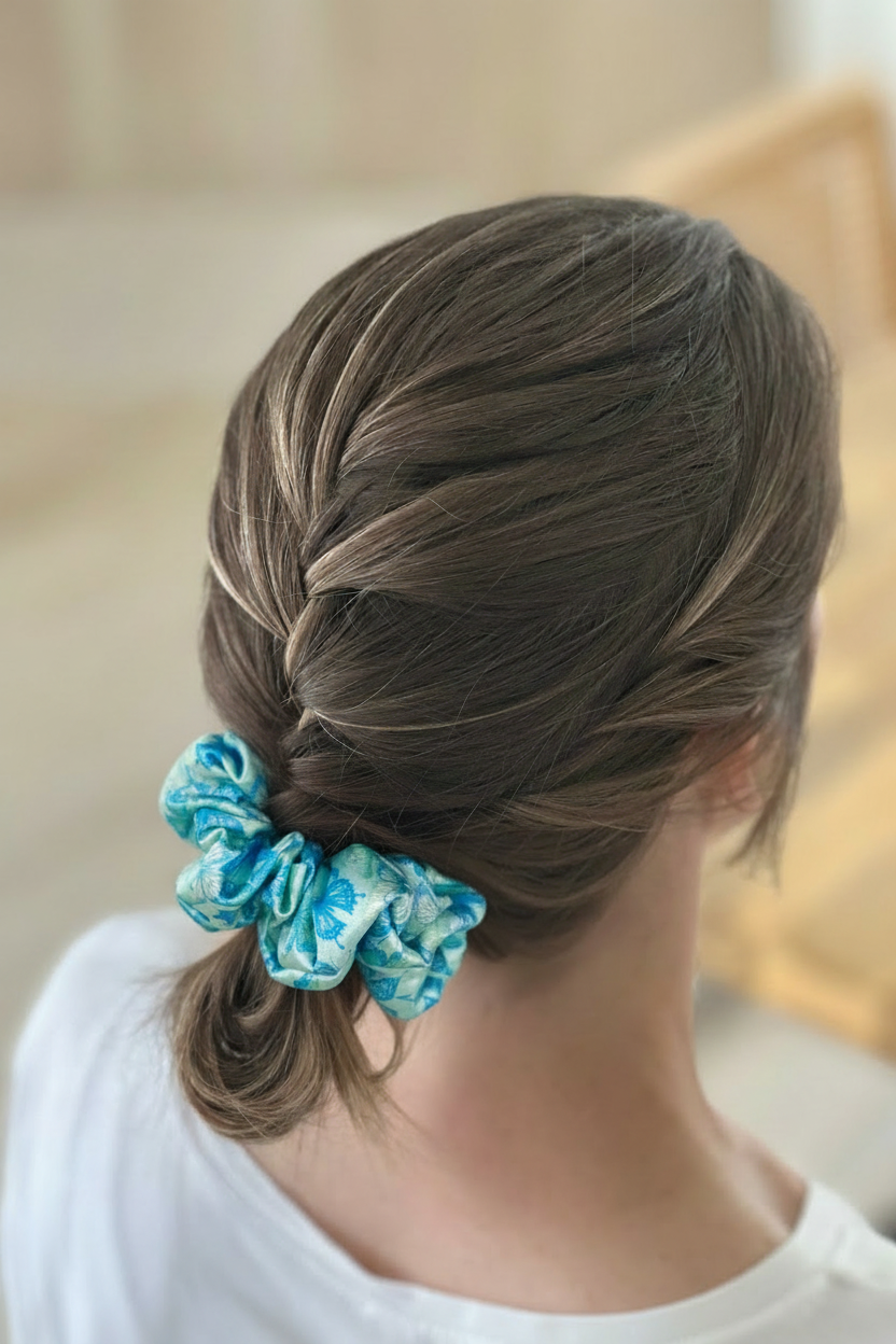 Turquoise butterfly scrunchie in hair updo