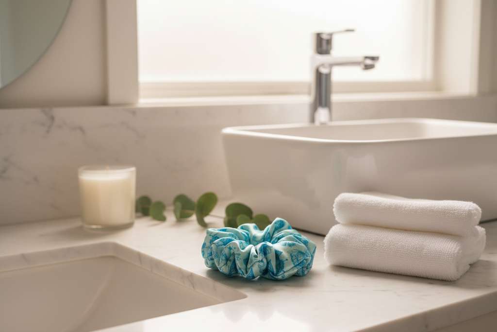 Turquoise butterfly scrunchie lifestyle bathroom photo