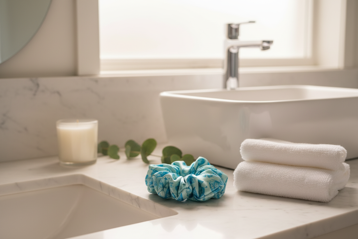 Turquoise butterfly scrunchie lifestyle bathroom photo