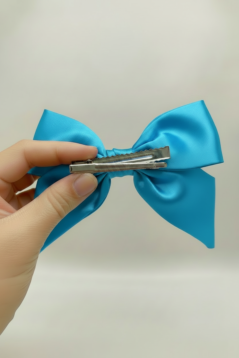 Turquoise Satin Bow - Hand with Alligator Clip