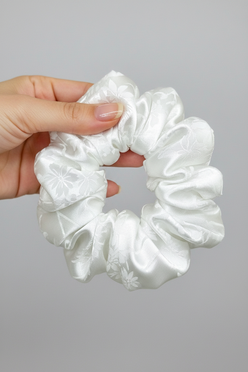 White Floral Scrunchie in Hand