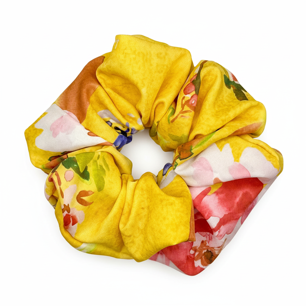 Yellow Floral Chiffon Scrunchie on White Background