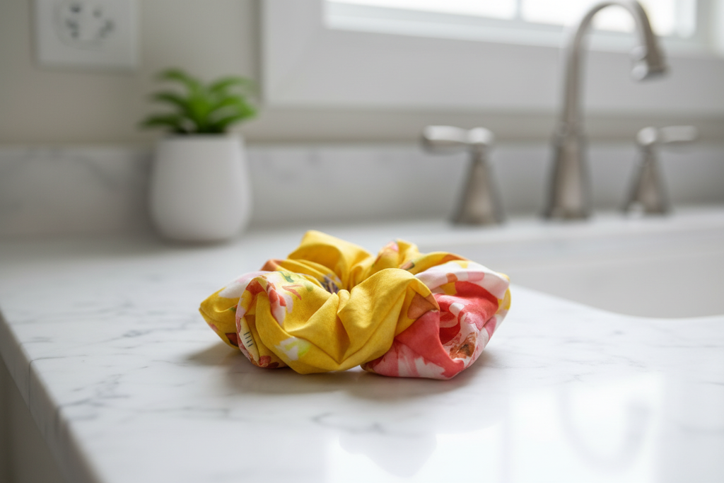 Yellow Floral Scrunchie Bathroom Lifestyle