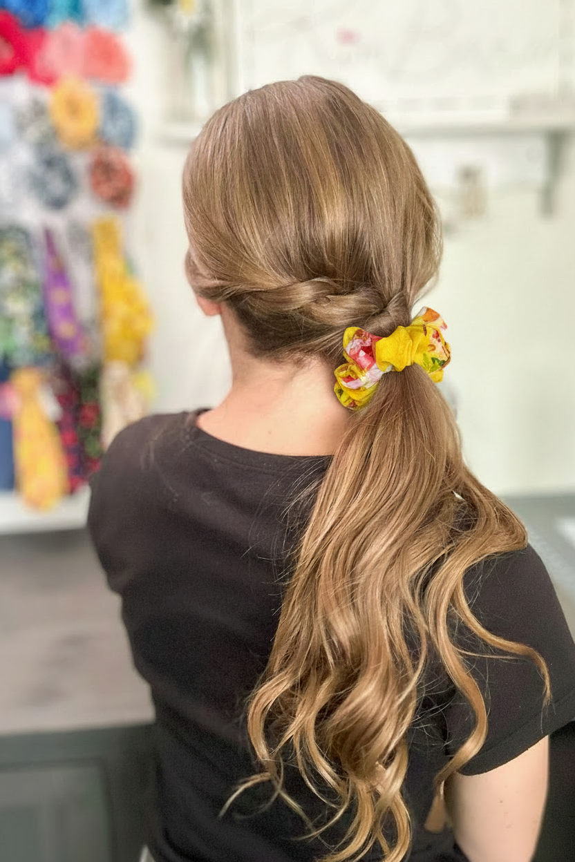 Yellow Floral Scrunchie in Braided Ponytail