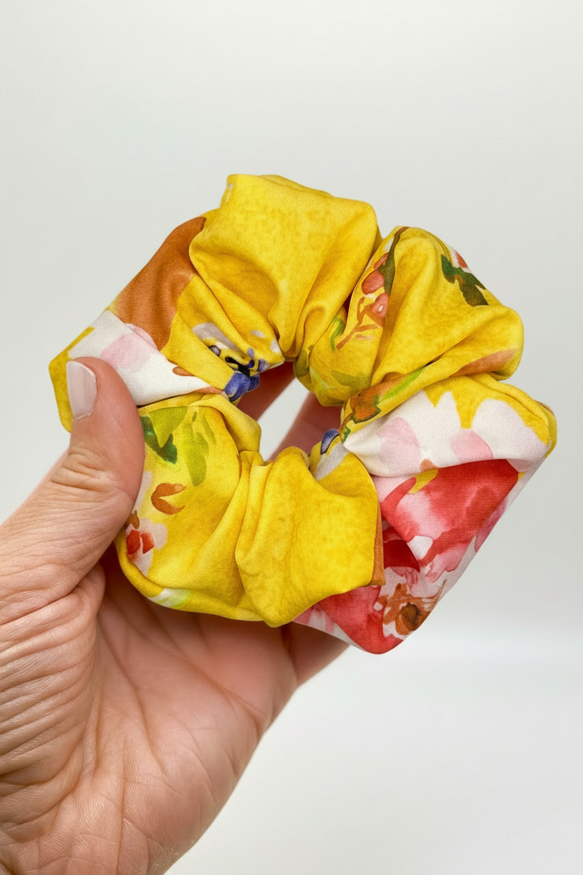 Yellow Floral Scrunchie in Hand - Accurate Print