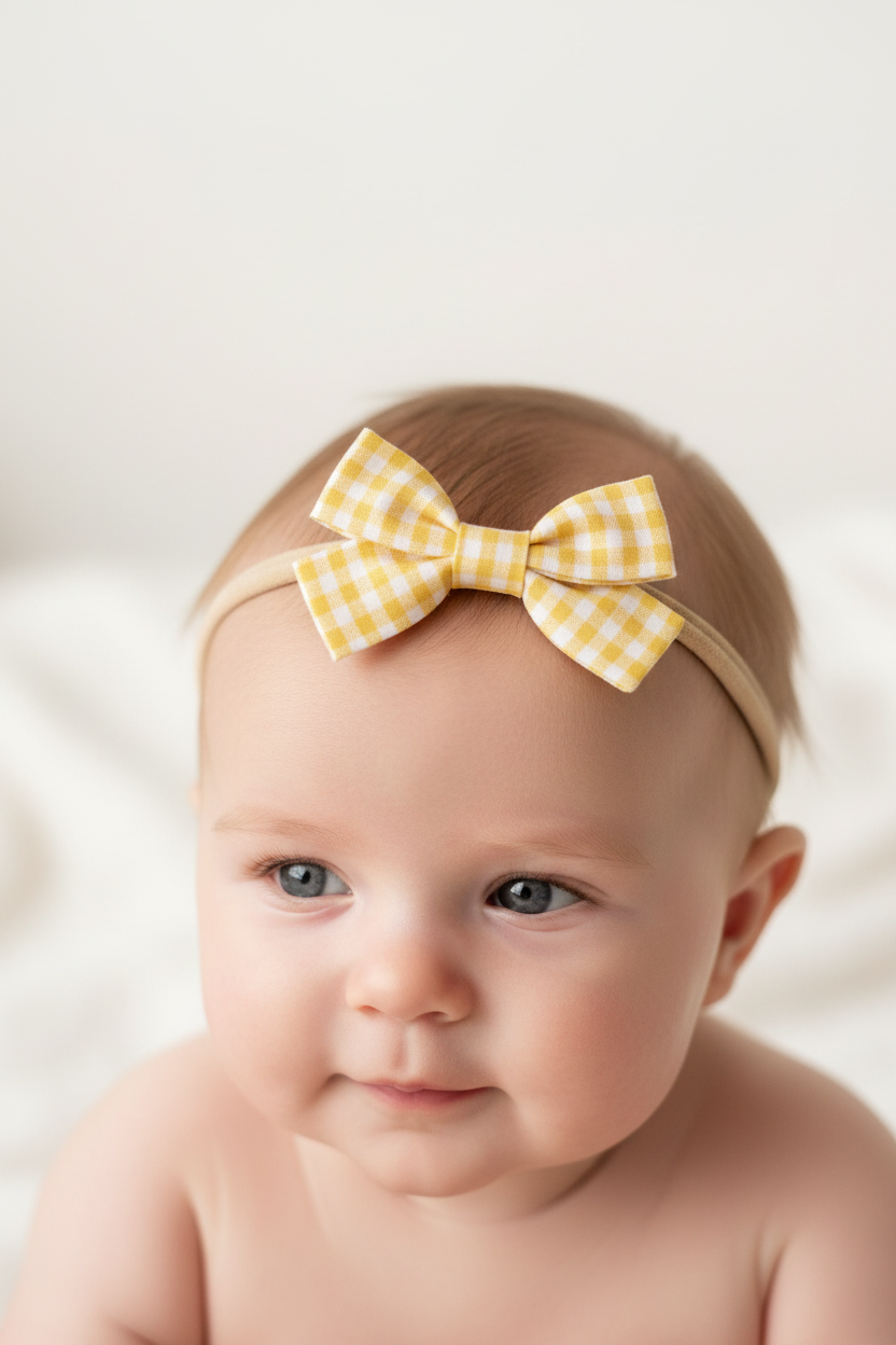 Yellow Gingham Bow – Baby Model Shot