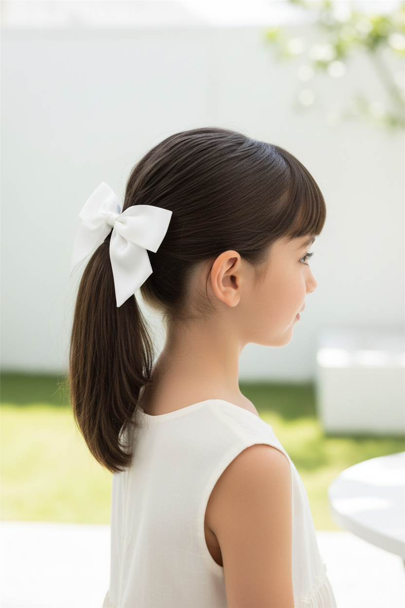 Young Girl with White Satin Bow Ponytail