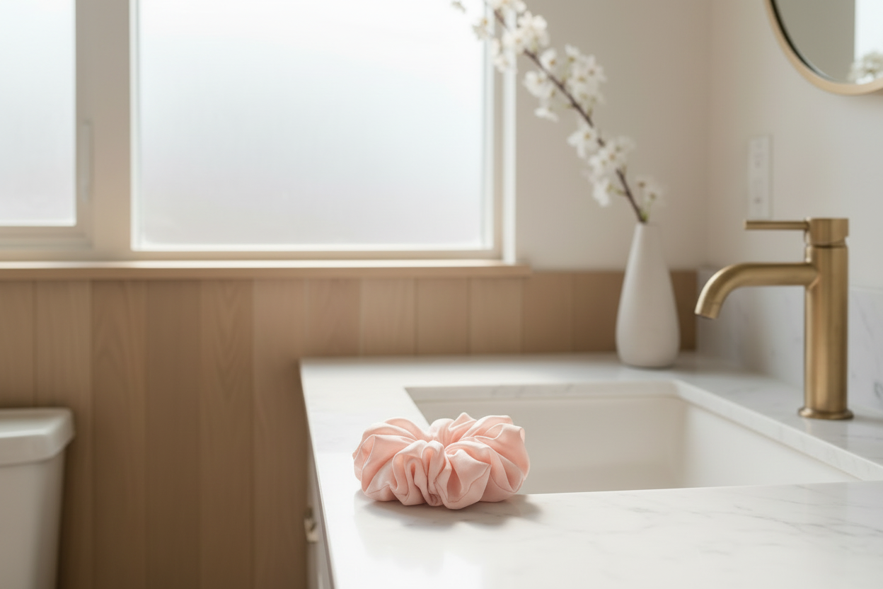 Zoomed lifestyle bathroom photo with blush pink chiffon scrunchie